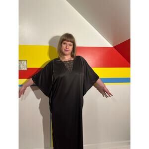 1980s black caftan Joan Collins plus size slip gold lingerie nightgown xl